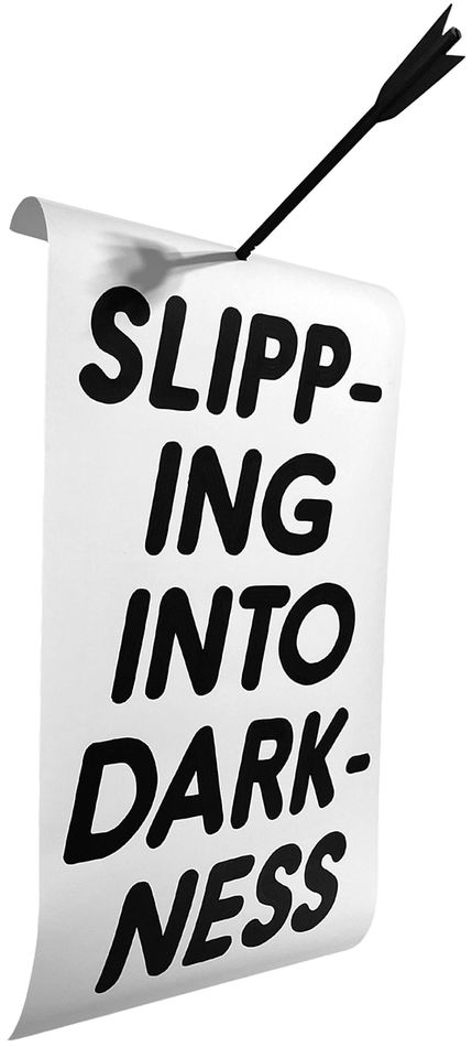 white scroll with all uppercase black text and an arrow going through the paper at the top