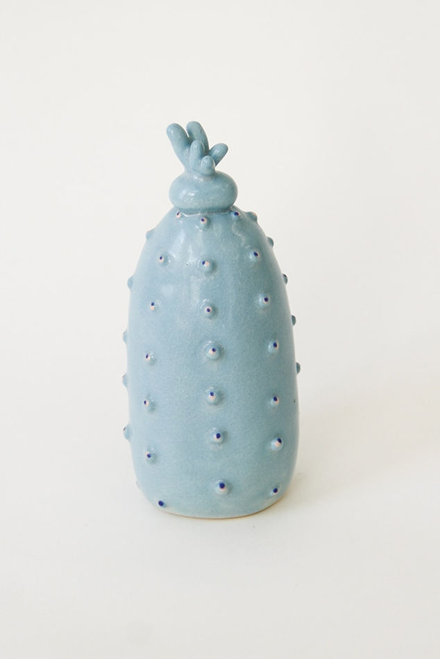 Jen Dwyer porcelain sculpture of stylized light blue cactus