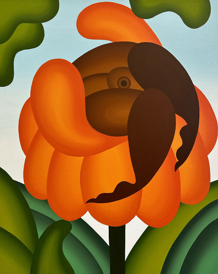 Painting of naked brown figure coming out of the center of an orange flower surrounded by greenery on a blue background