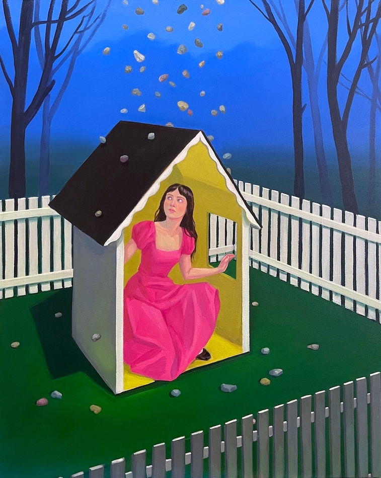 woman crouching in a small house like structure while a shower of rocks fall over her.