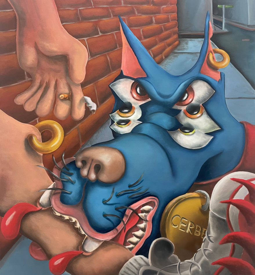 Fred Smith - painting of a profile view of a blue dog with three pair of eyes biting onto a leg that has a piercing on the knee, the hand above the knee hold a wrinkled cigarette.