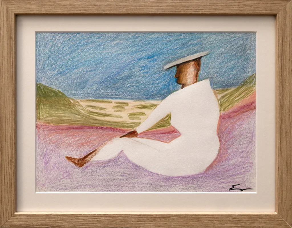 Framed drawing of a woman in a white outfit and a white hat sitting on a pink ground with green hills and a blue sky