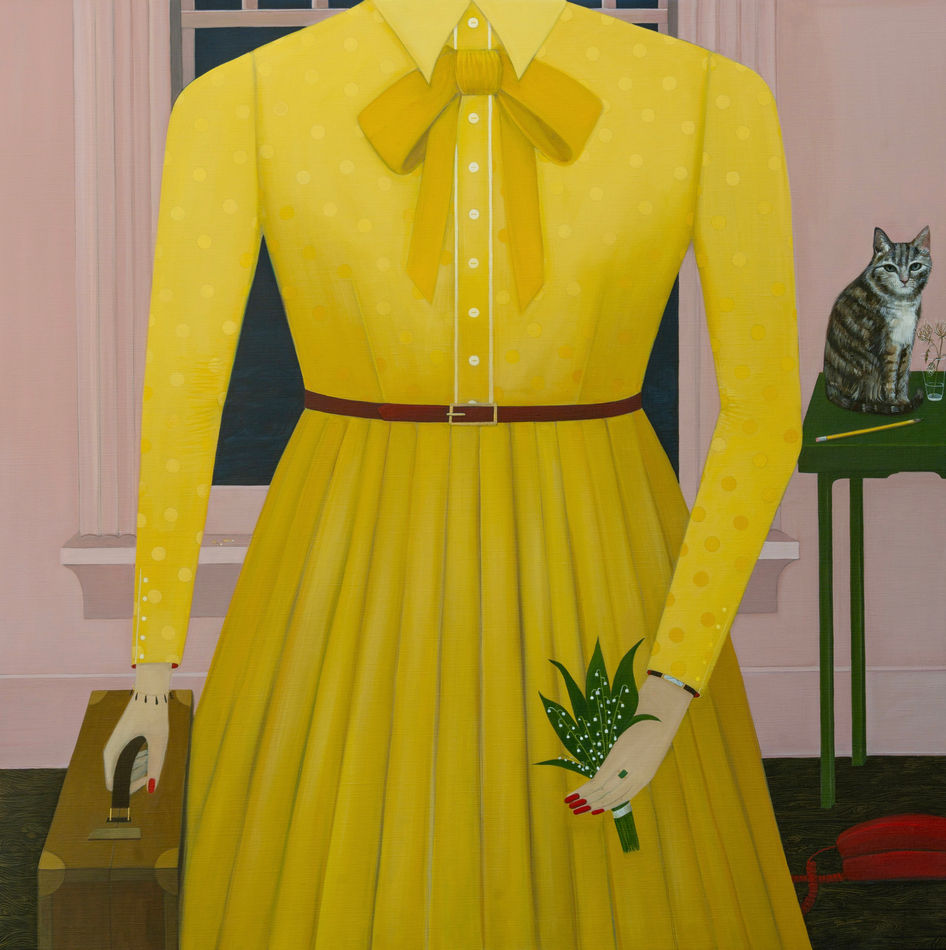 painting of a womans torso wearing a bight yellow bleated dress and holding a plant and a suitcase with a light pink room and cat behind her