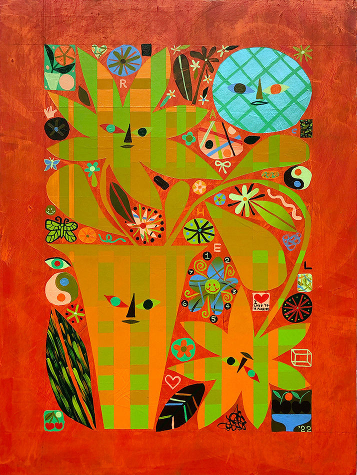 Rachel Hayden painting of two gingham daisies and vase, red background