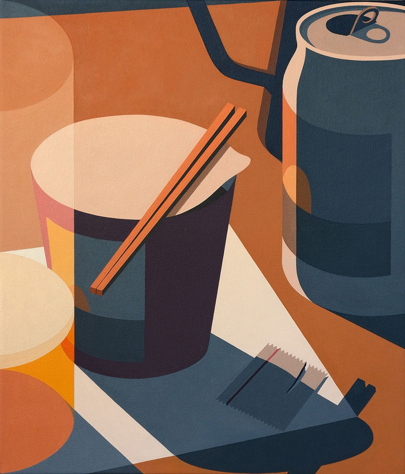 Still life painting of a cup of noodles being cooked with a pair of chopsticks on top of the lid next to an open soda can a half empty glass.