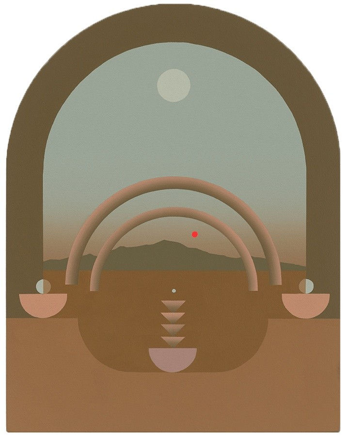 Madeleine Tonzi - brown and teal shades painting of arches layering through the canvas and at the end is a landscape of mountain and a red orb representing a moon or sun.