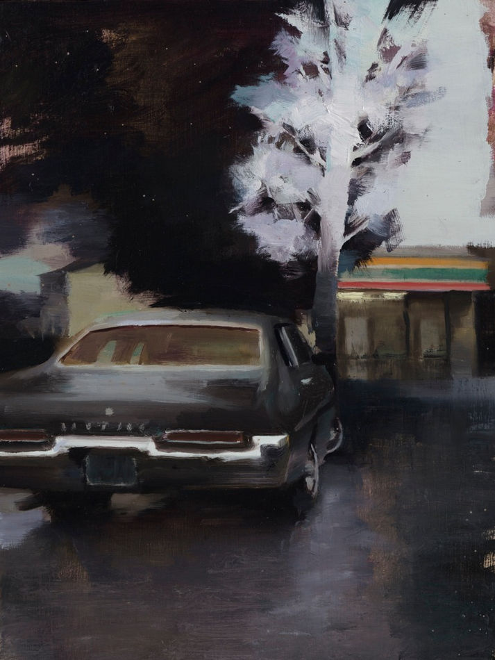 painting of a car pared in front of a convenience store - dark colors