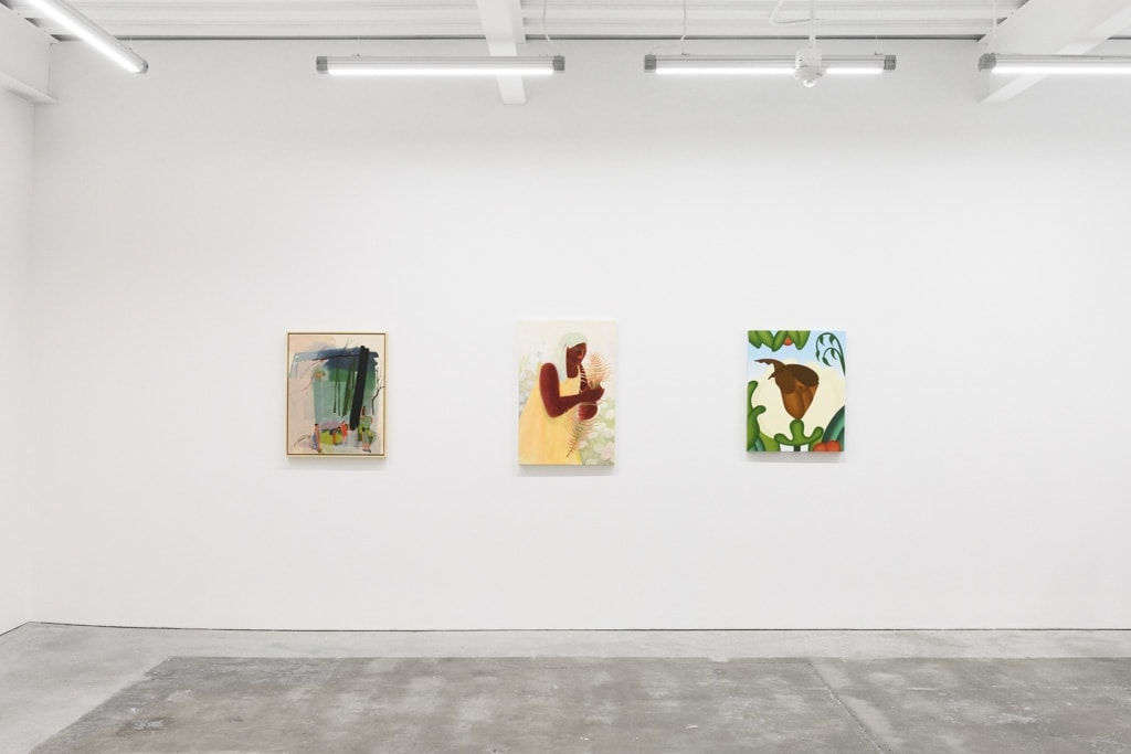 Installation view of The Jaunt: Winter Camp at Hashimoto Contemporary San Francisco. From left to right: Seonna Hong's painting 