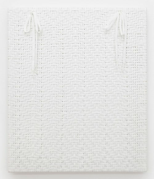 Didi Rojas woven painting of clean lace weaving w 2 bows at top, long laces