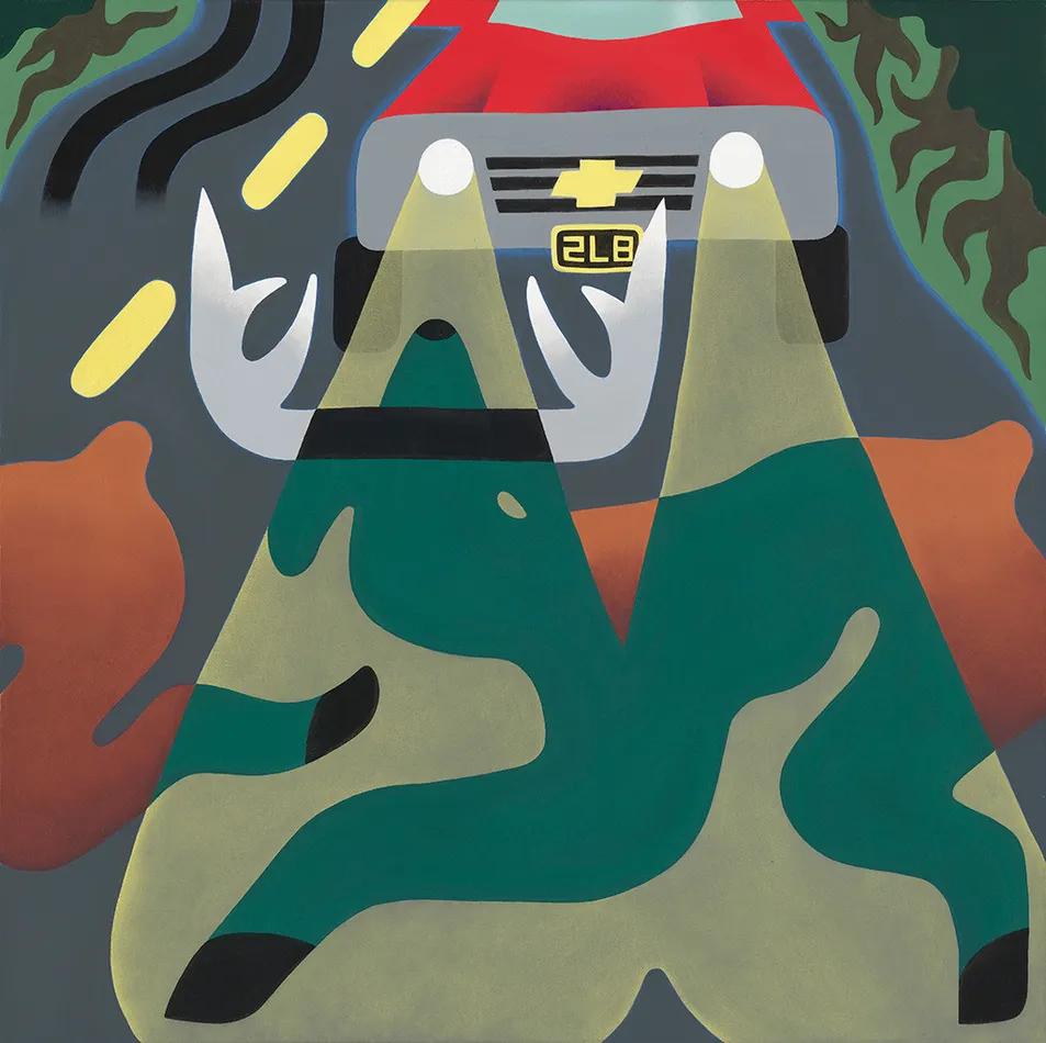 painting by Austin Elfio Montanari depicting a deer crossing the road before an oncoming red vehicle approaches with its high beams on