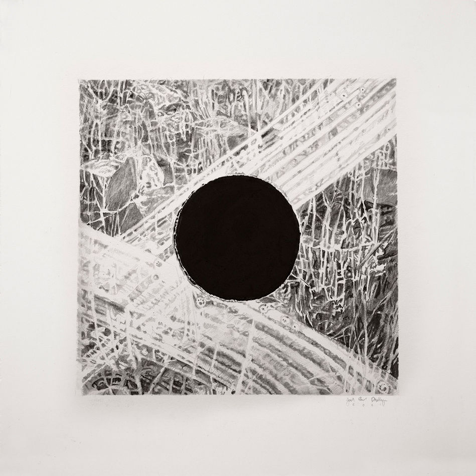 Joel Daniel Phillips graphite drawing - dark black puncture hole in center with scribbly detail around possibly grass
