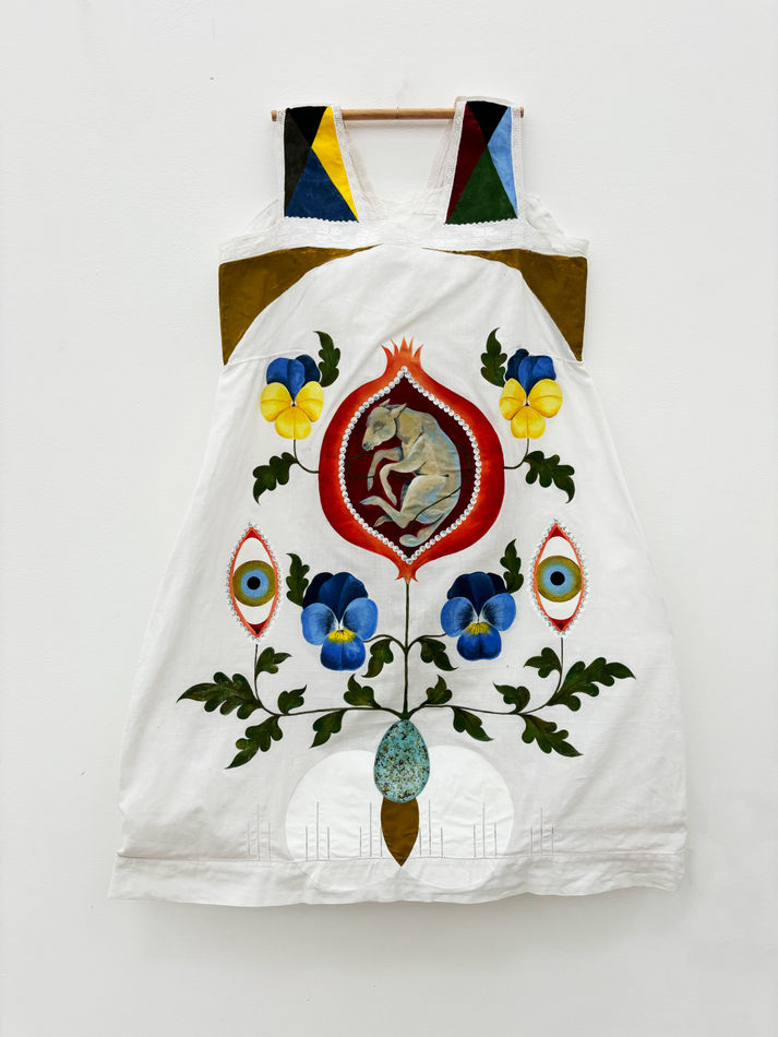 Lou Benesch - painting of folk art flower and lamb on antique nightgown