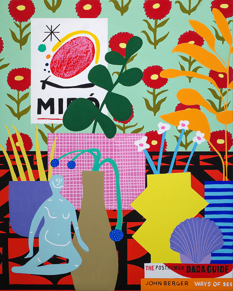 Still life painting of an interior with a small statue of a blue woman sitting, several colorful vases with flowers. In the background is a wall with floral wallpaper and a poster.