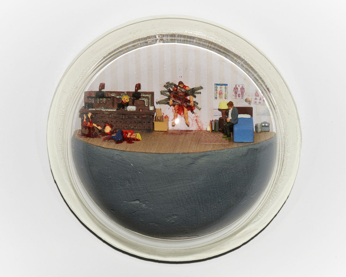 Abigail Goldman's sculpture of a murder scene taking place in a bedroom with someone taped to the wall