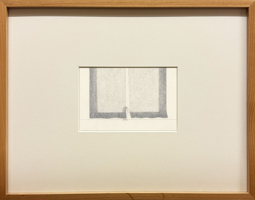 Framed drawing of a little creature standing behind sheer window curtains