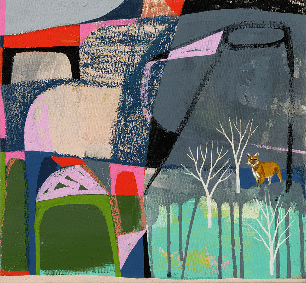 colorful blocky landscape with three white trees and wild cat