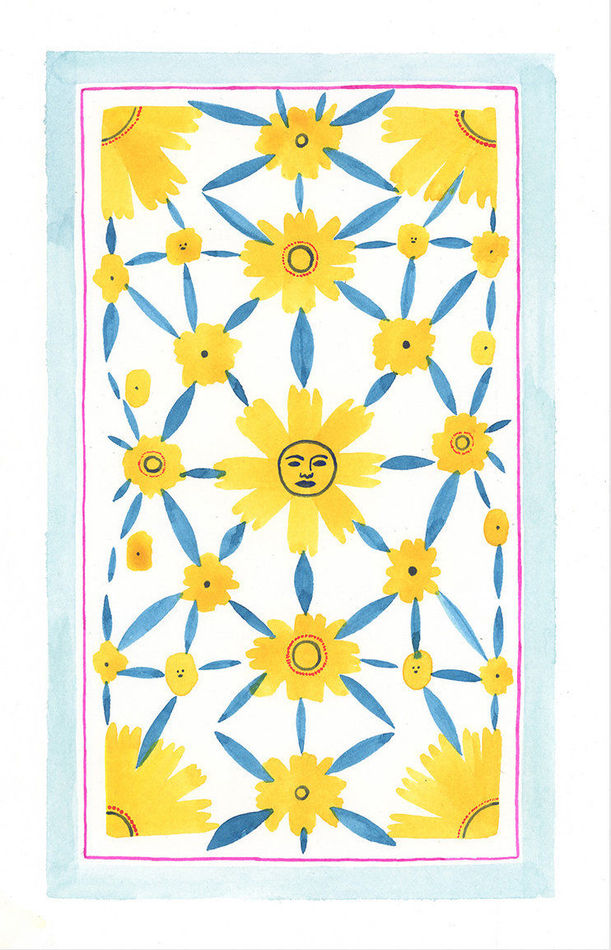 Painting of several yellow flowers all connecting with their leaves and a face on one of the flowers.