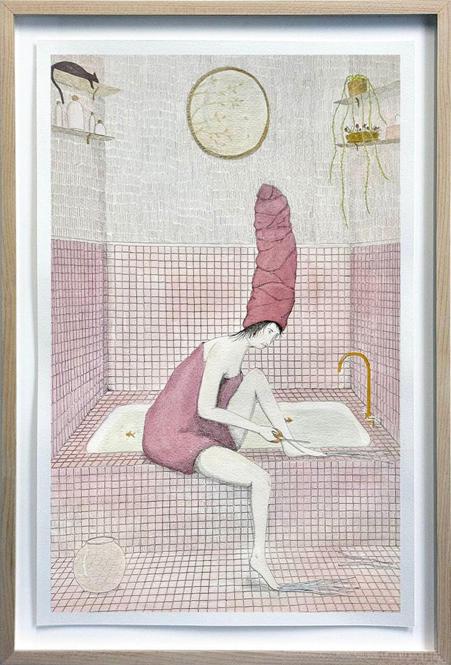 Painting of a woman in a towel sitting on the edge of a bathtub while clipping her unusually long toe nails