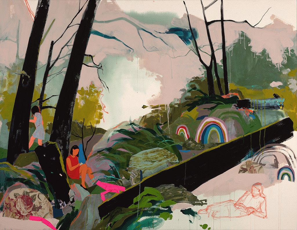landscape painting with abstract and organic areas of paint applied with multiple figures lounging amongst the trees by Seonna Hong
