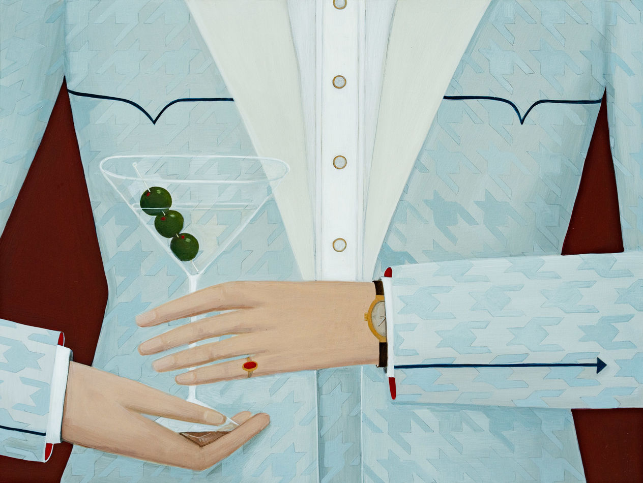 Painting by Angela Burson of a person in a blue suit holding a martini