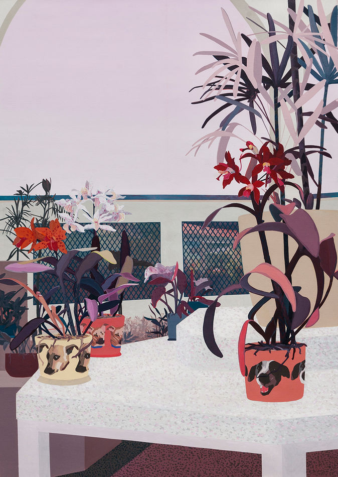 Francisco Diaz Scotto (Pastel) painting of a table with plants in pots on top of it