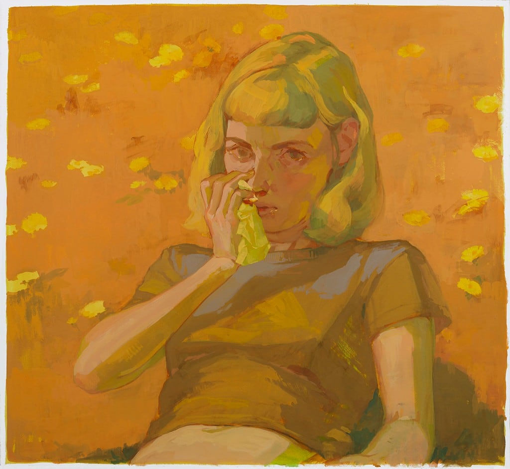 Painting of a woman with short blonde hair holding a tissue to her nose, she is wearing a cropped gray t-shirt