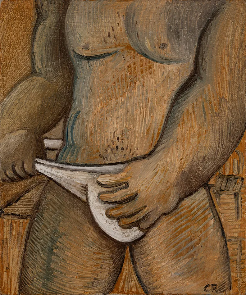 Painting of the torso of a man in his underwear