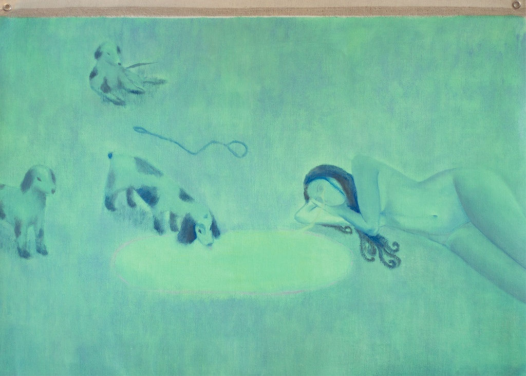 Painting of a woman laying down next to a small pool of water and spotted dog is next to her drinking from the pool