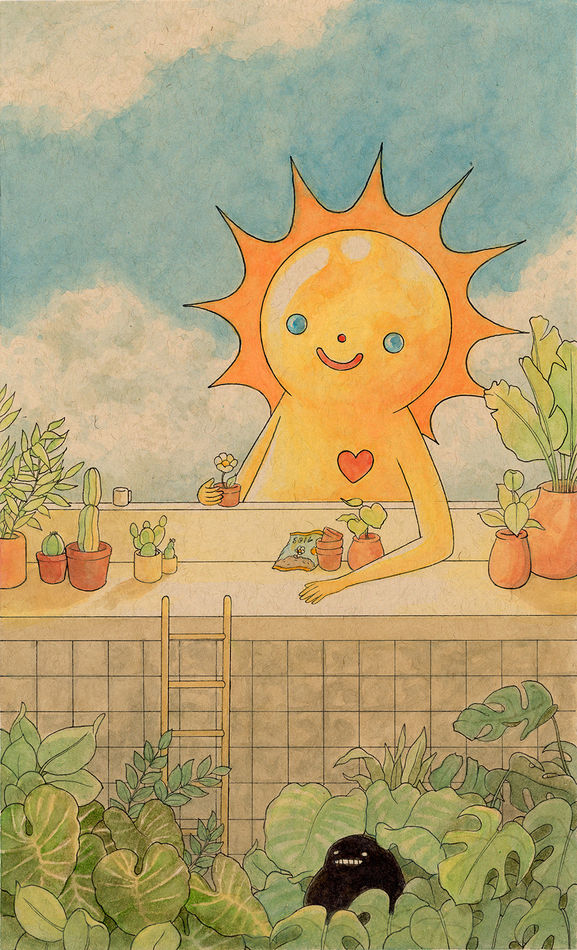 drawing of an anthropomorphic sun figure leaning its arm on a counter with plants