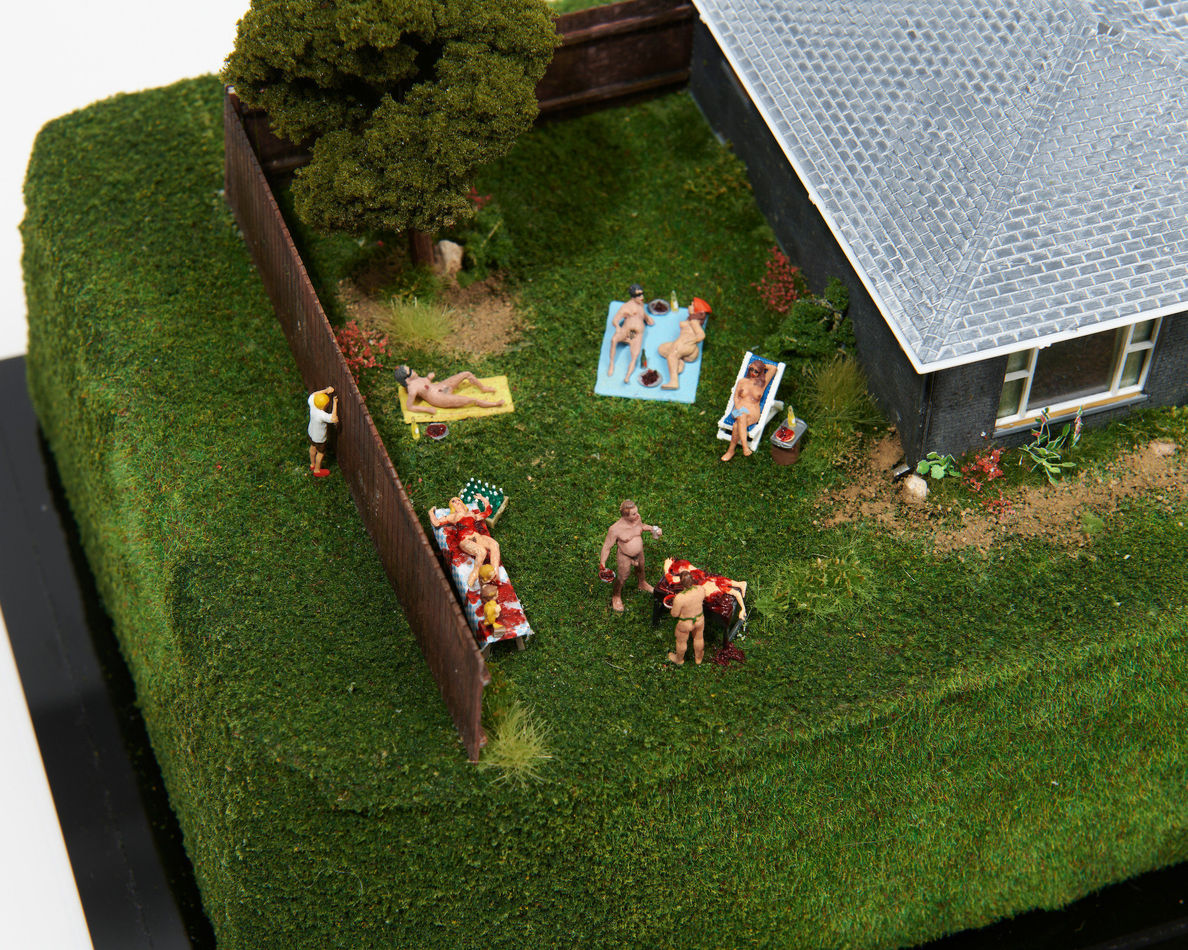 Abigail Goldman's sculpture of a murder in a bedroom Abigail Goldman's sculpture of a peeping tom