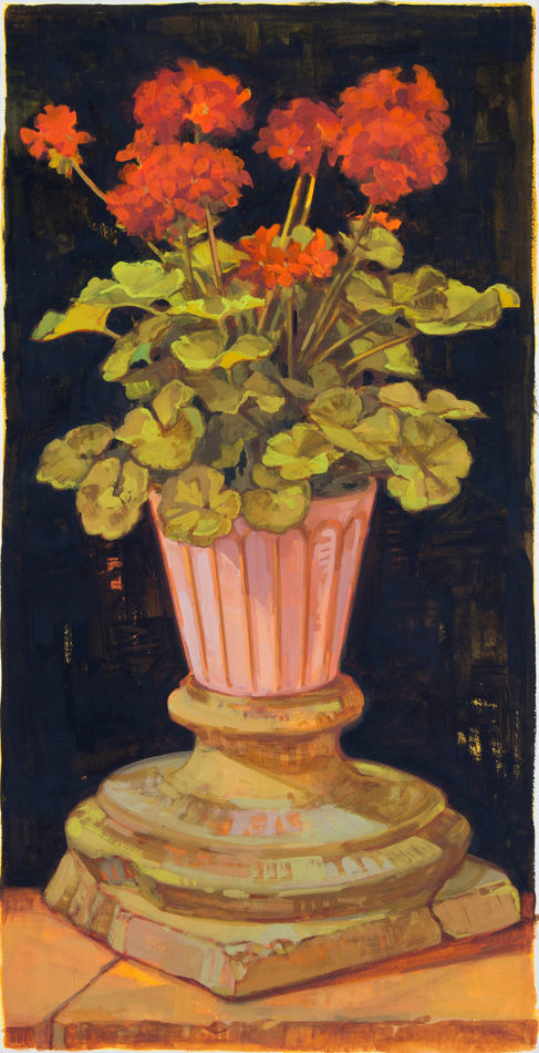 painting of a decorative pot with red leafy flowers