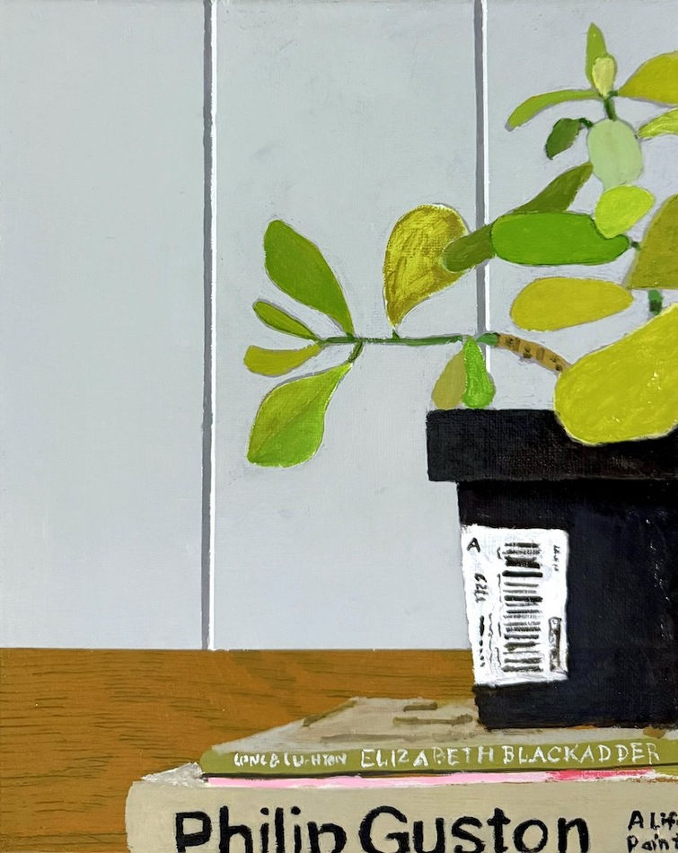 cropped painting of a green leafy plant sitting on top of books with a light blue background