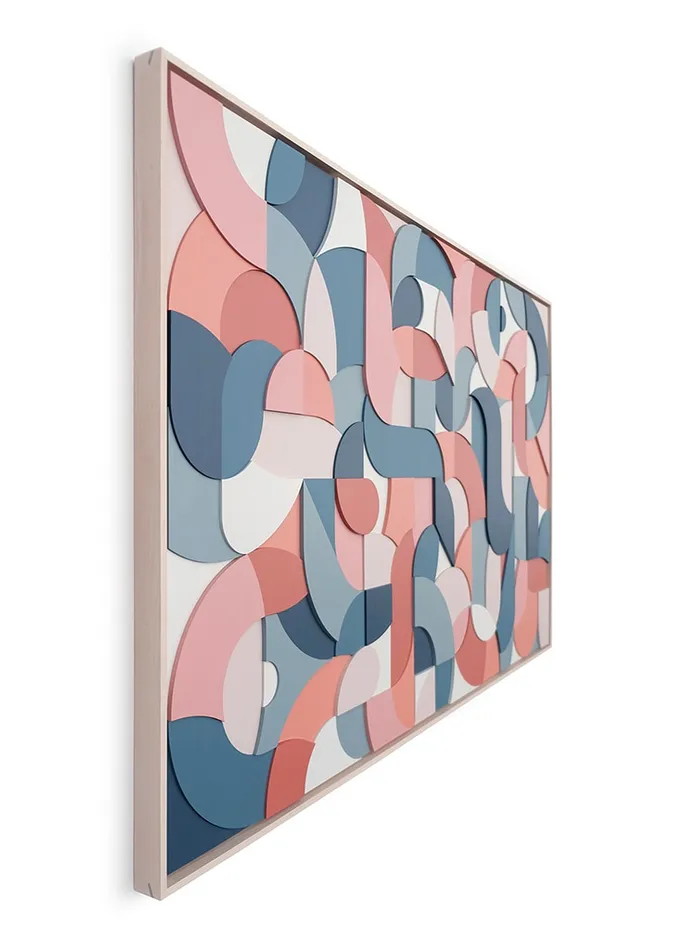 Side view of a framed multicolor wood relief sculptural piece made up of spiral shapes and curves by artist Scott Albrecht