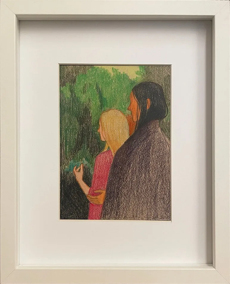 Drawing of two women's profiles as they stand in front of green trees in white frame