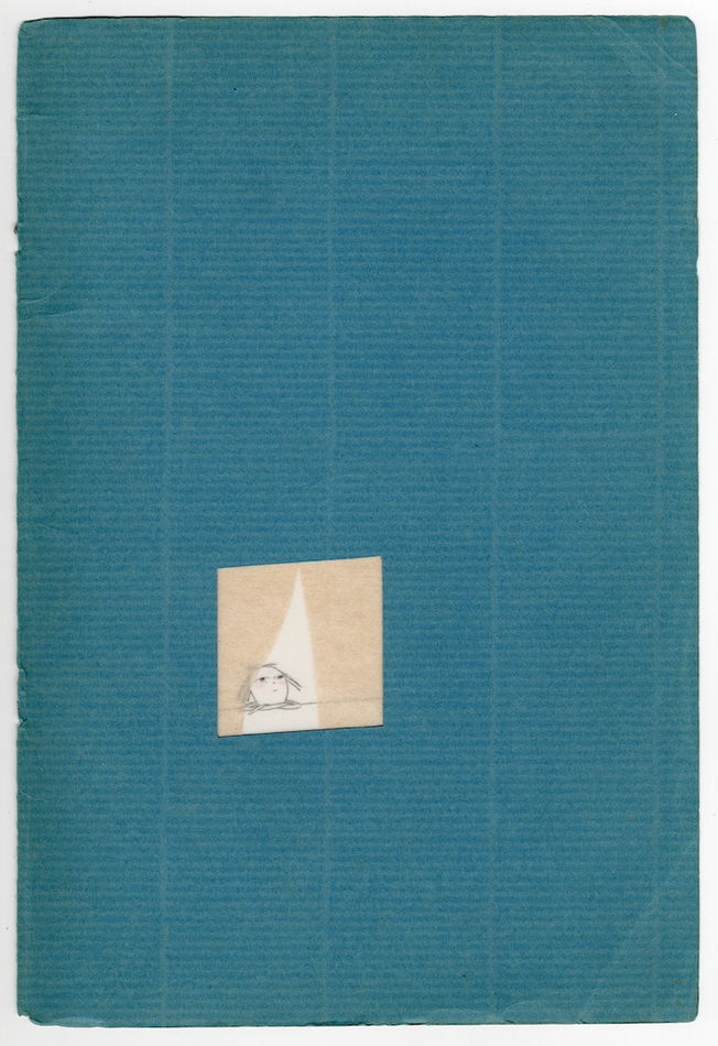 Blue paper with a white square on it with a little girl peeking out from a curtained window