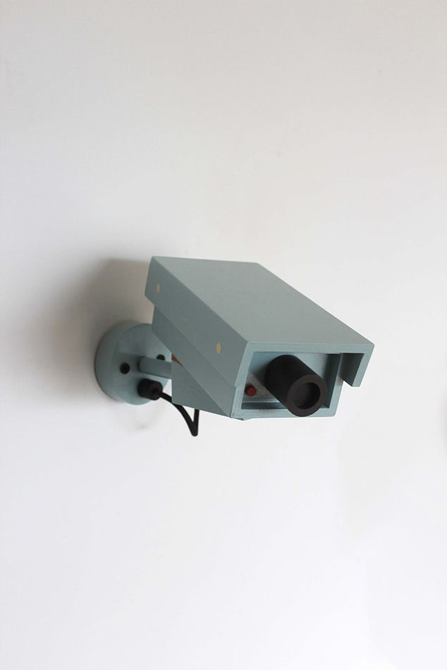 Sculpture of a light blue CCTV camera by Jeff Canham