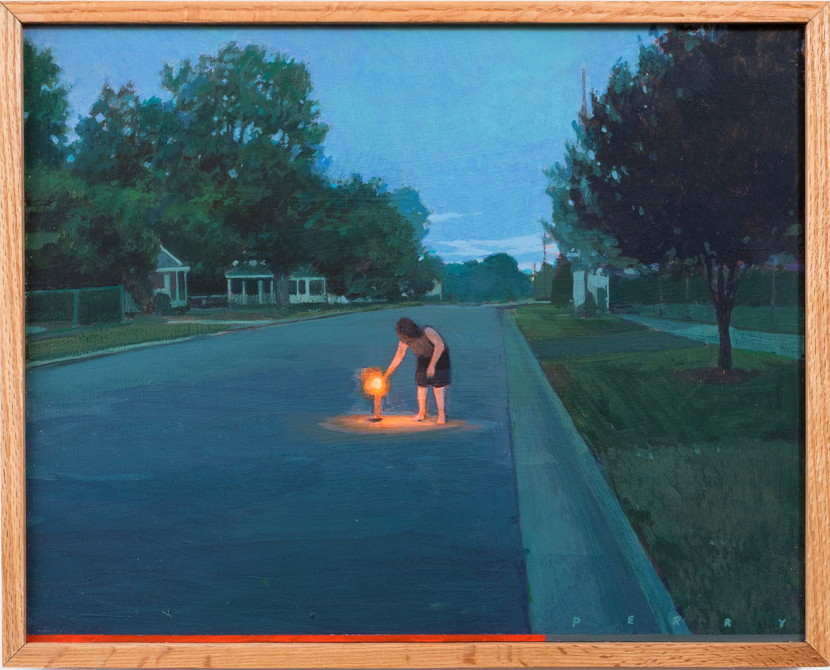 Painting of a person in the middle of a street lighting a firework