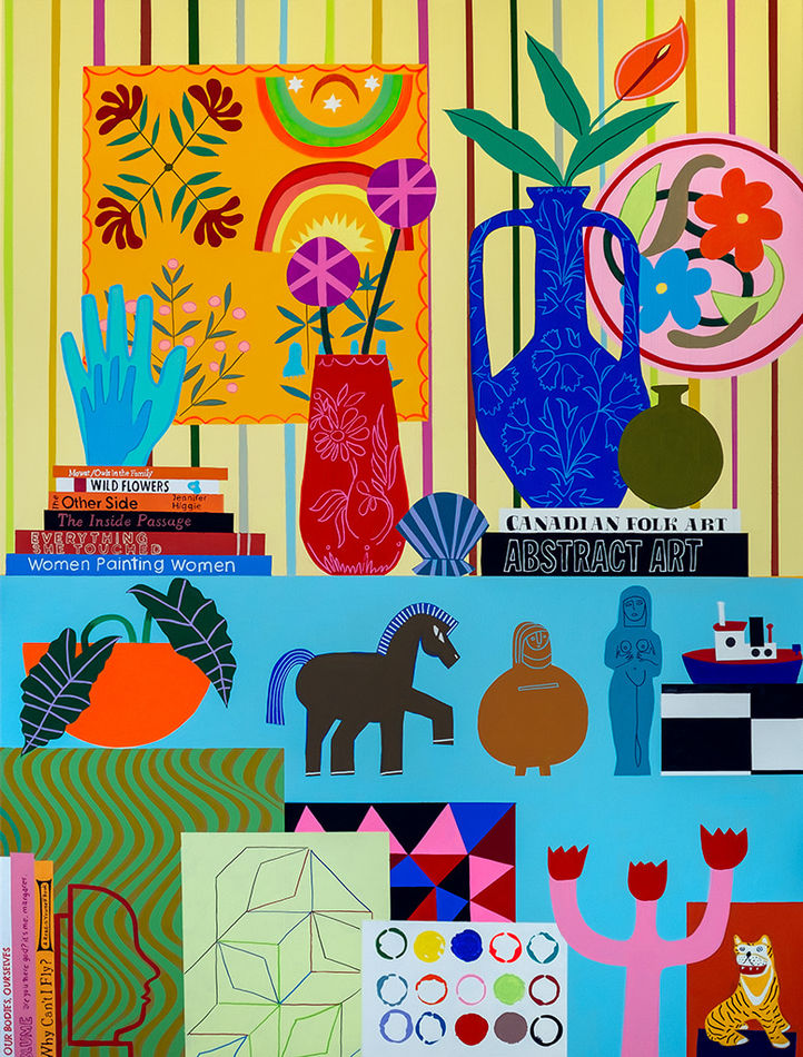 Still live painting of an interior with several knickknacks on a blue shelf with plants and candle holders. There is a yellow striped wall in the background with paintings of flowers.