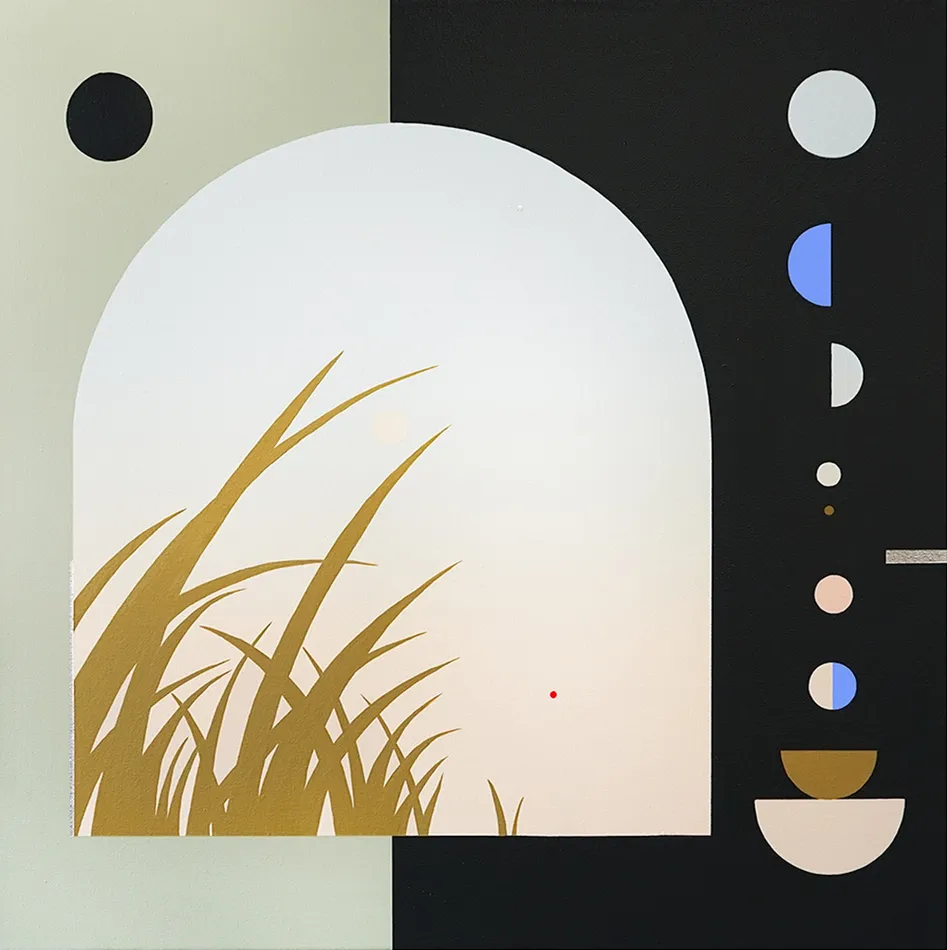 Painting of blades of grass against a blue sky with circular shapes and half circles around it.