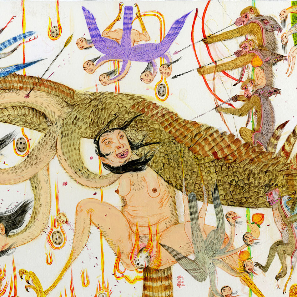 Detail shot of a painting by Mu Pan of creatures, animals and human hybrids eating, sleeping, killing, flying and climbing