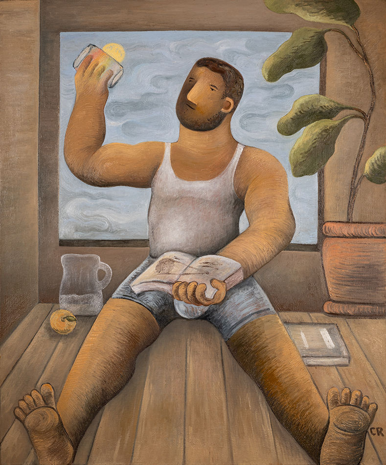 Painting by Carlos Rodriguez of a man sitting on the floor in front of a window reading a book