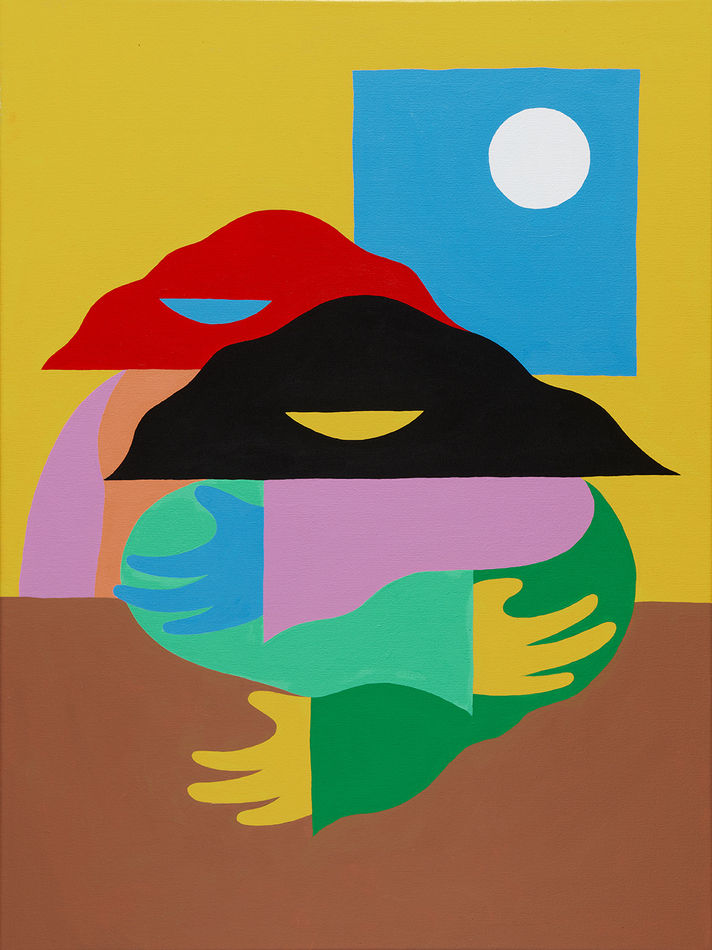 one figure with red hair stands behind a figure with black hair and a green shirt, behind them a mustard wall and a window showing blue skies and a white sun