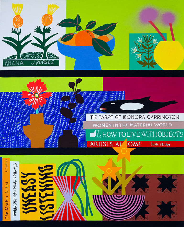 Painting of three black shelves with flowers in vases, a bowl of oranges, stacks of books and knickknacks on a bright green wall