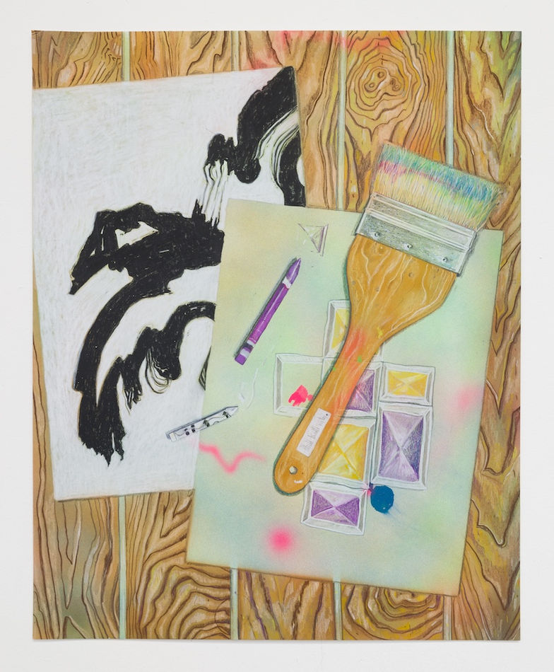 Drawing on paper of a paintbrush and two works of art