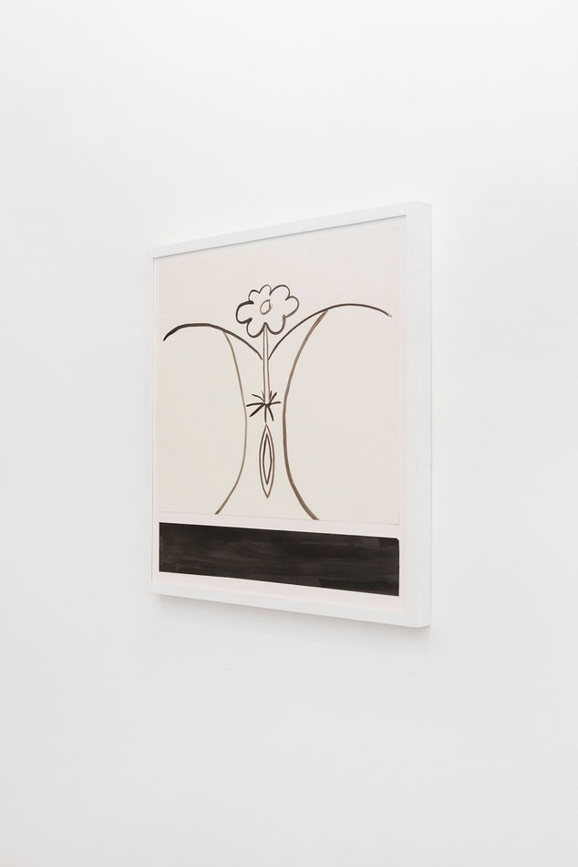 Corey K. Lamb - black and white ink drawing of simplified female genitals with flower protruding