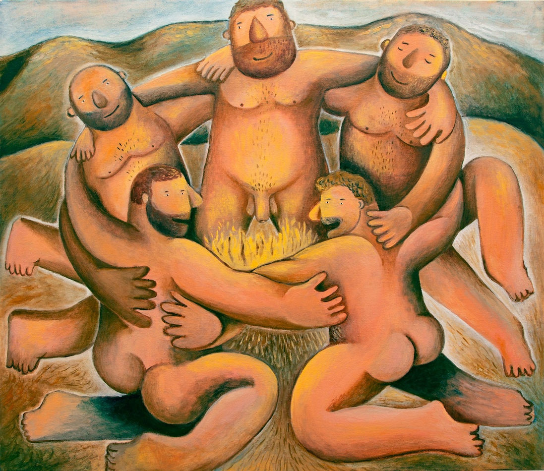painting of a group of nude men embracing each other around a campfire