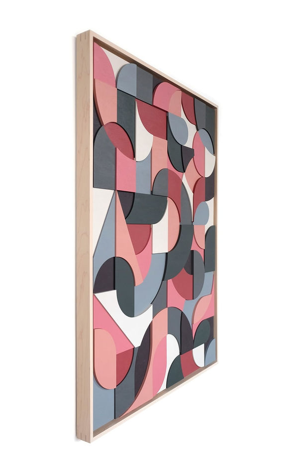 Scott Albrecht wood relief painting in pink and blue tones