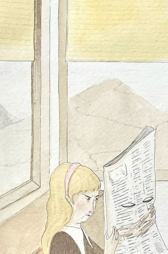 detail image of a woman reading a newspaper