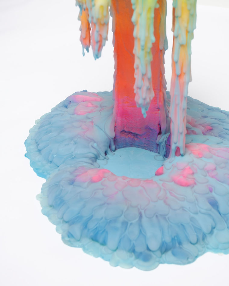 Dan Lam slime sculpture with gradient of green, red, and blue