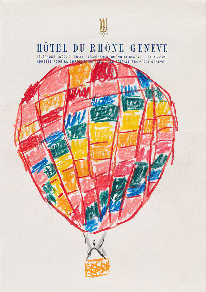 Drawing of a hot air balloon with colorful checkers on hotel stationery